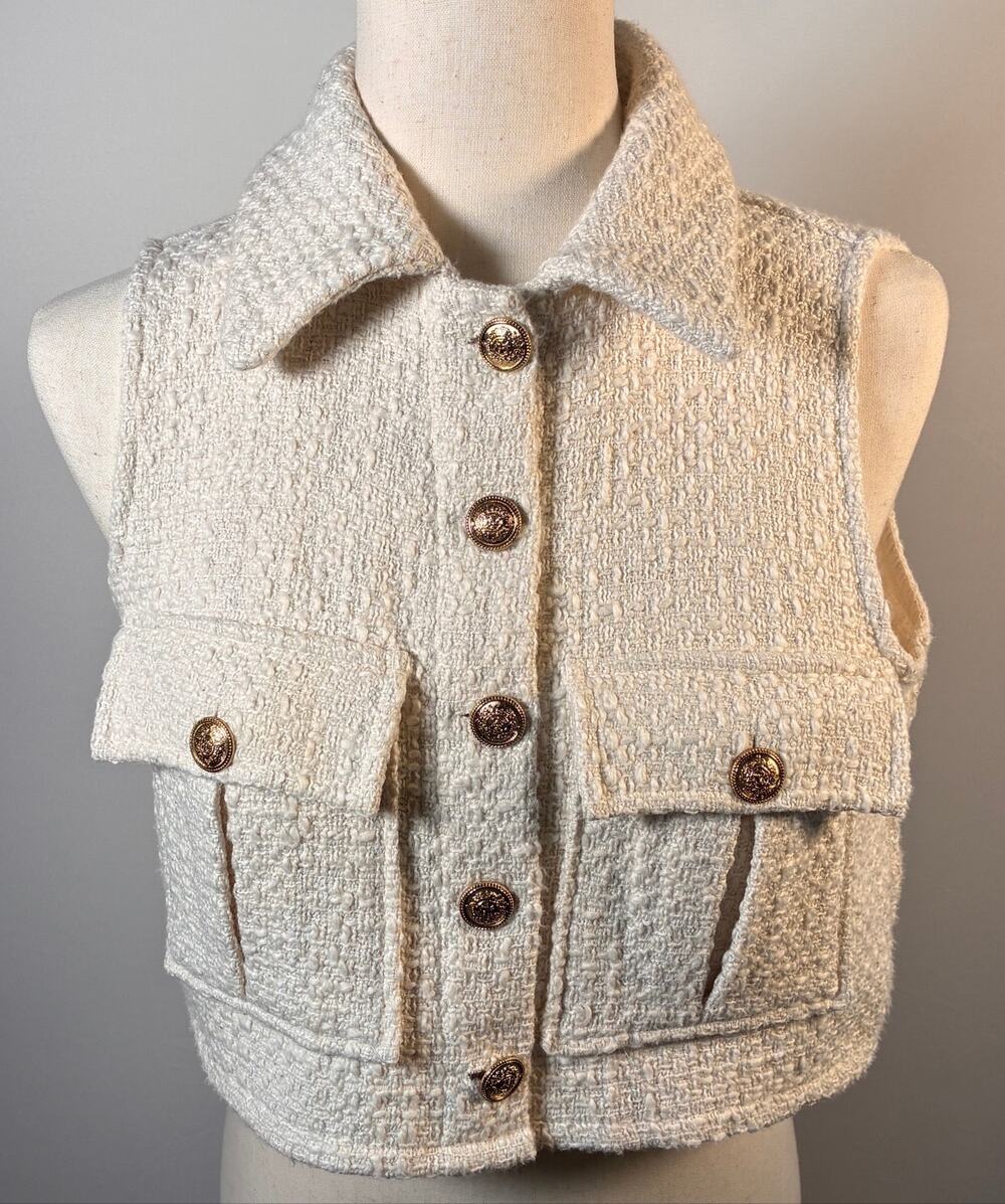 More&More Ivory Boucle Tweed Vest Womens 4 Gold Buttons